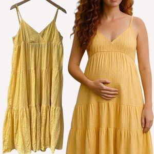 Cotton Yellow Tiered Maxi Maternity Dress Vintage Sundress Dot Print